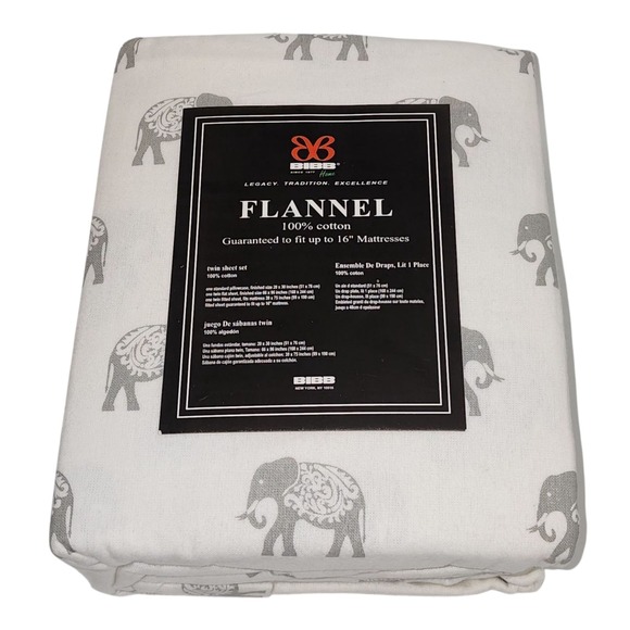 BIBB‎ Home Twin Size Ivory Cotton Flannel Sheet Set of 3pc With Gray Elephants - Picture 1 of 16